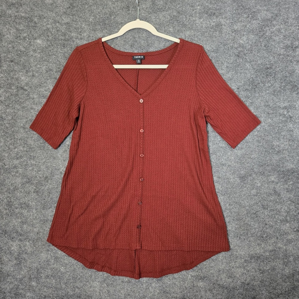 Torrid Top Womens L Burnt Orange Waffle Knit Tunic V Neck Button Up Everyday